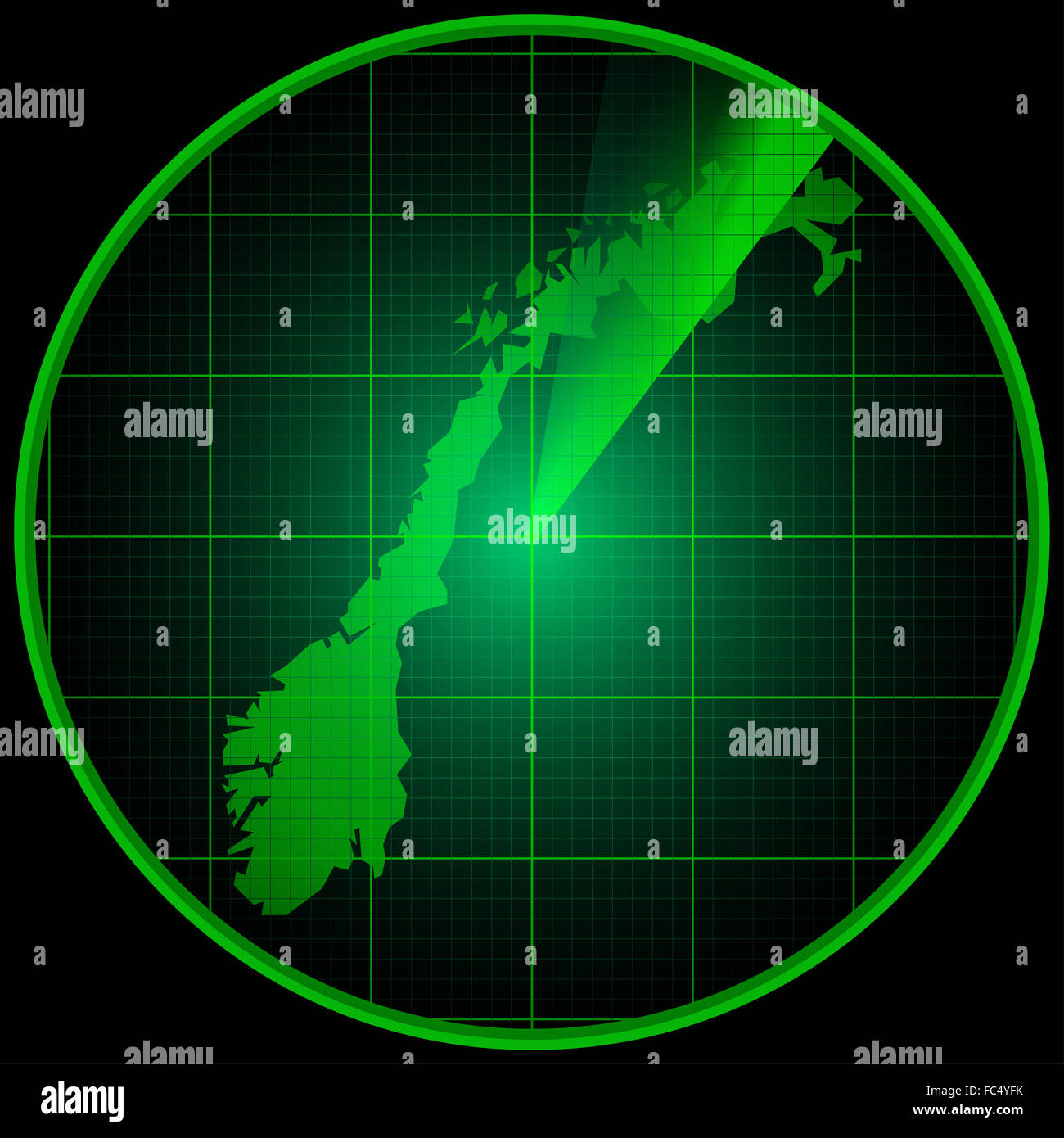 Radarbildschirm mit der Silhouette von Norwegen Stockfoto