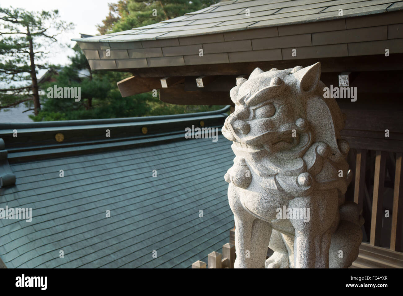 Löwenstatue an einem Sakurayama Hachiman-Gū-Schrein in Takayama Japan Stockfoto