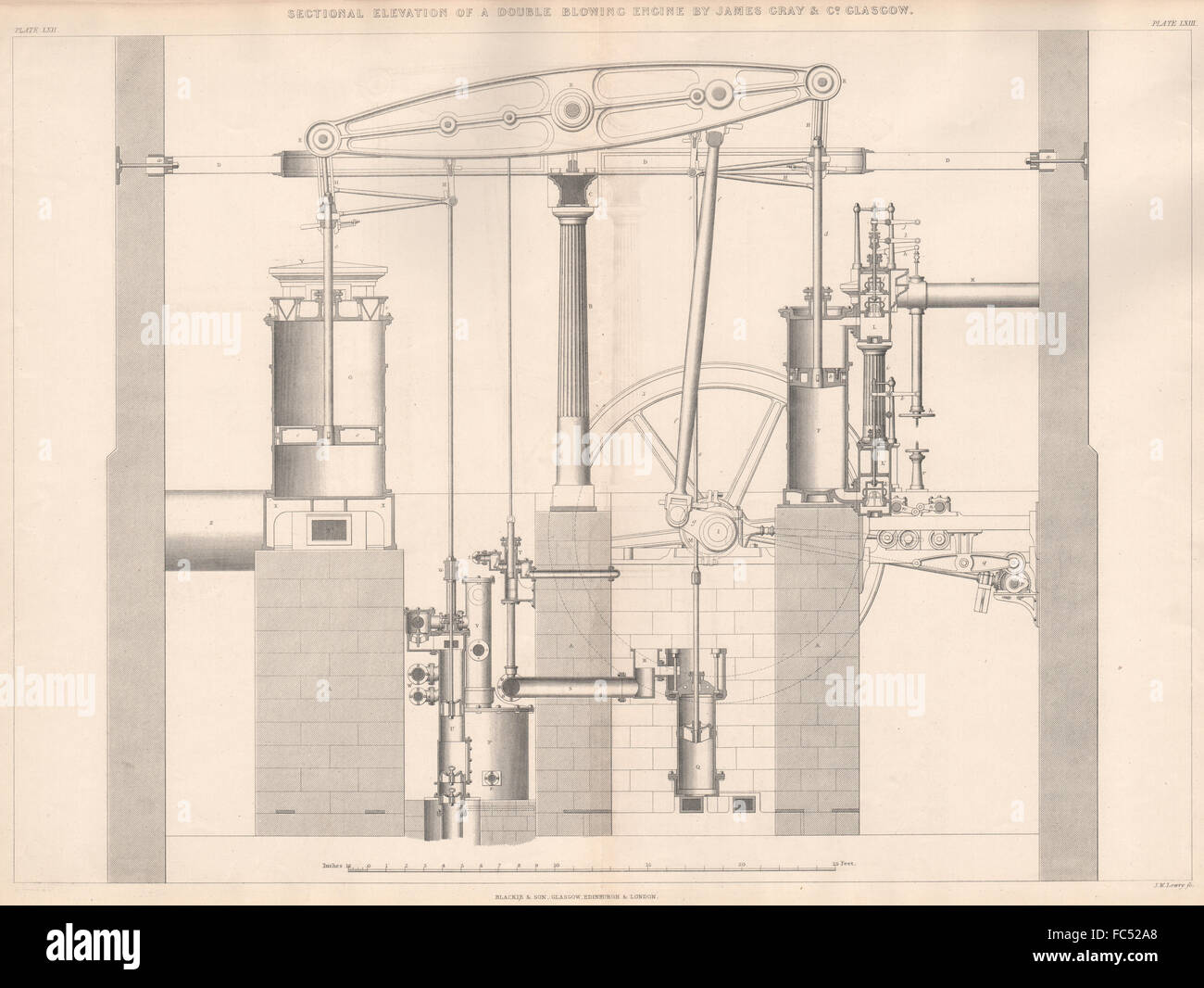 19C ENGINEERING ZEICHNUNG. Doppelt bläst Motor Abschnitt. James Gray, Glasgow 1876 Stockfoto