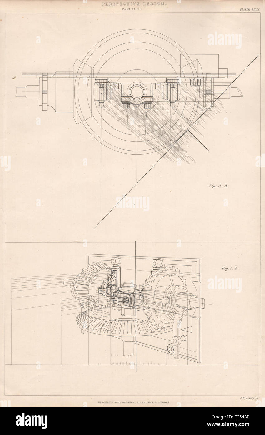VIKTORIANISCHE ENGINEERING ZEICHNUNG. Perspektive-Lektion. Teil 5., alten Drucken 1876 Stockfoto