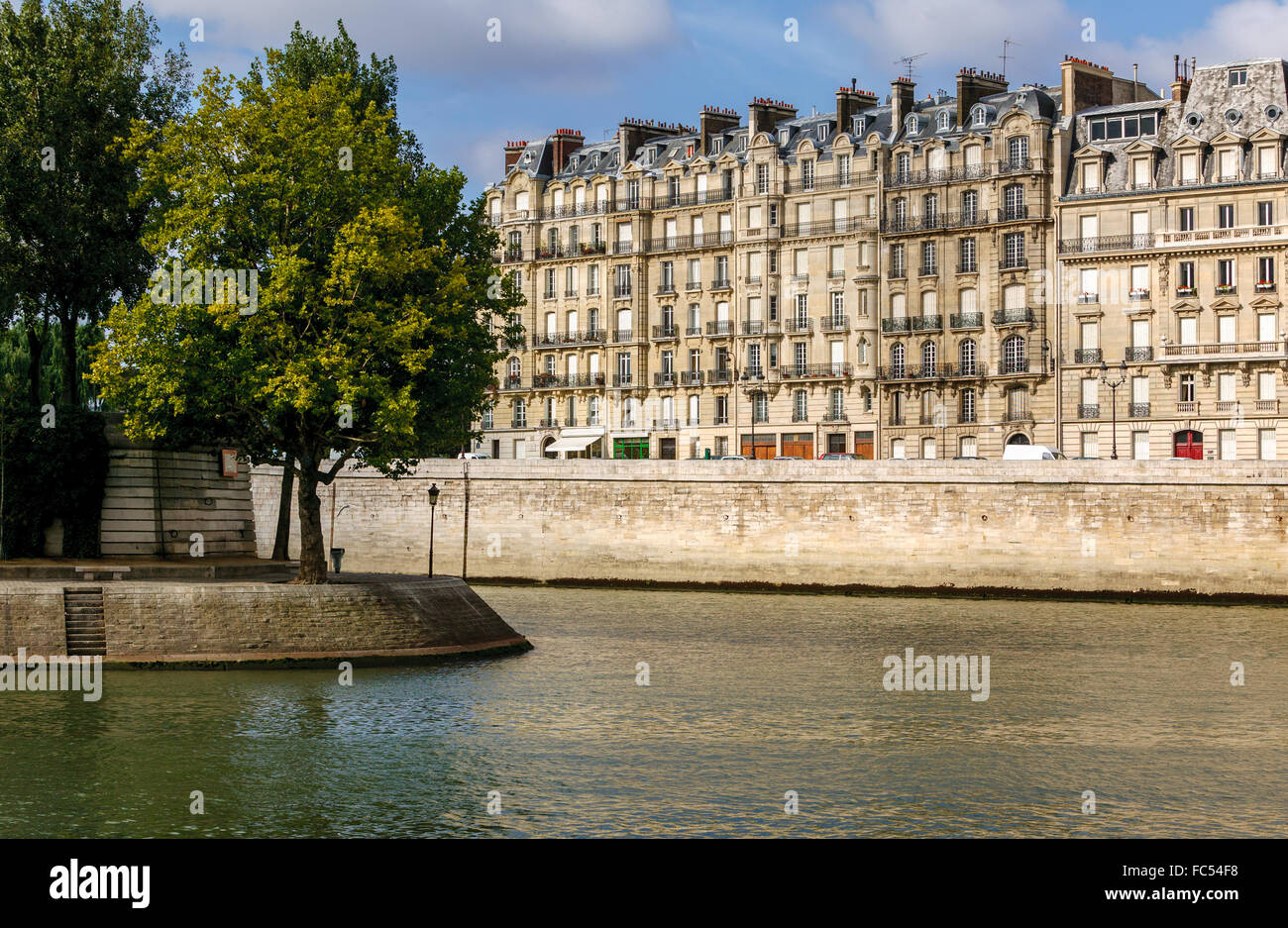 Tipp der Ile Saint Louis und Quai Aux Fleurs auf Île De La Cité mit Flussufer und Haussmaniann Gebäuden. Paris, 75004 Frankreich Stockfoto