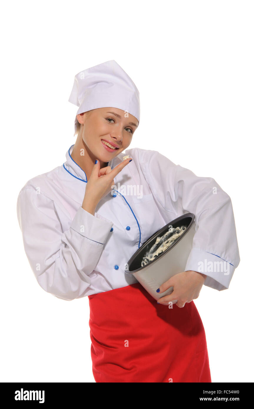 glückliche Frau Koch versucht, gekochtes Essen Stockfoto