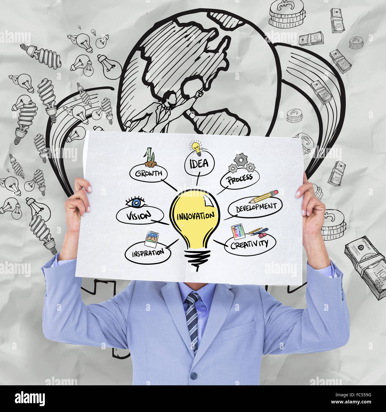 Zusammengesetztes Bild Porträt eines Geschäftsmannes versteckt sein Gesicht hinter einer Blindplatte Stockfoto