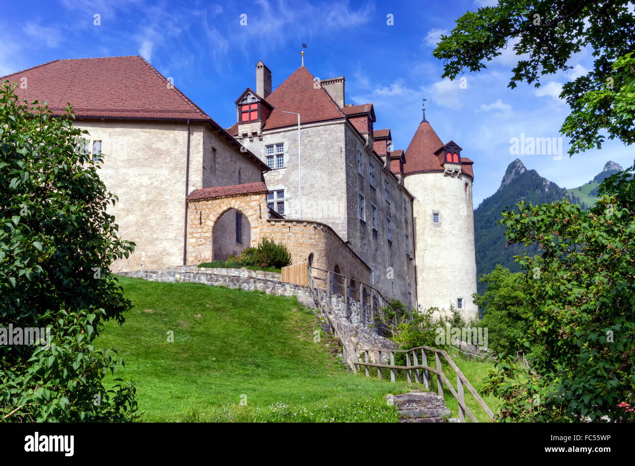 Hautnah am berühmten Schloss Gruyères, Freiburg, Schweiz Stockfoto