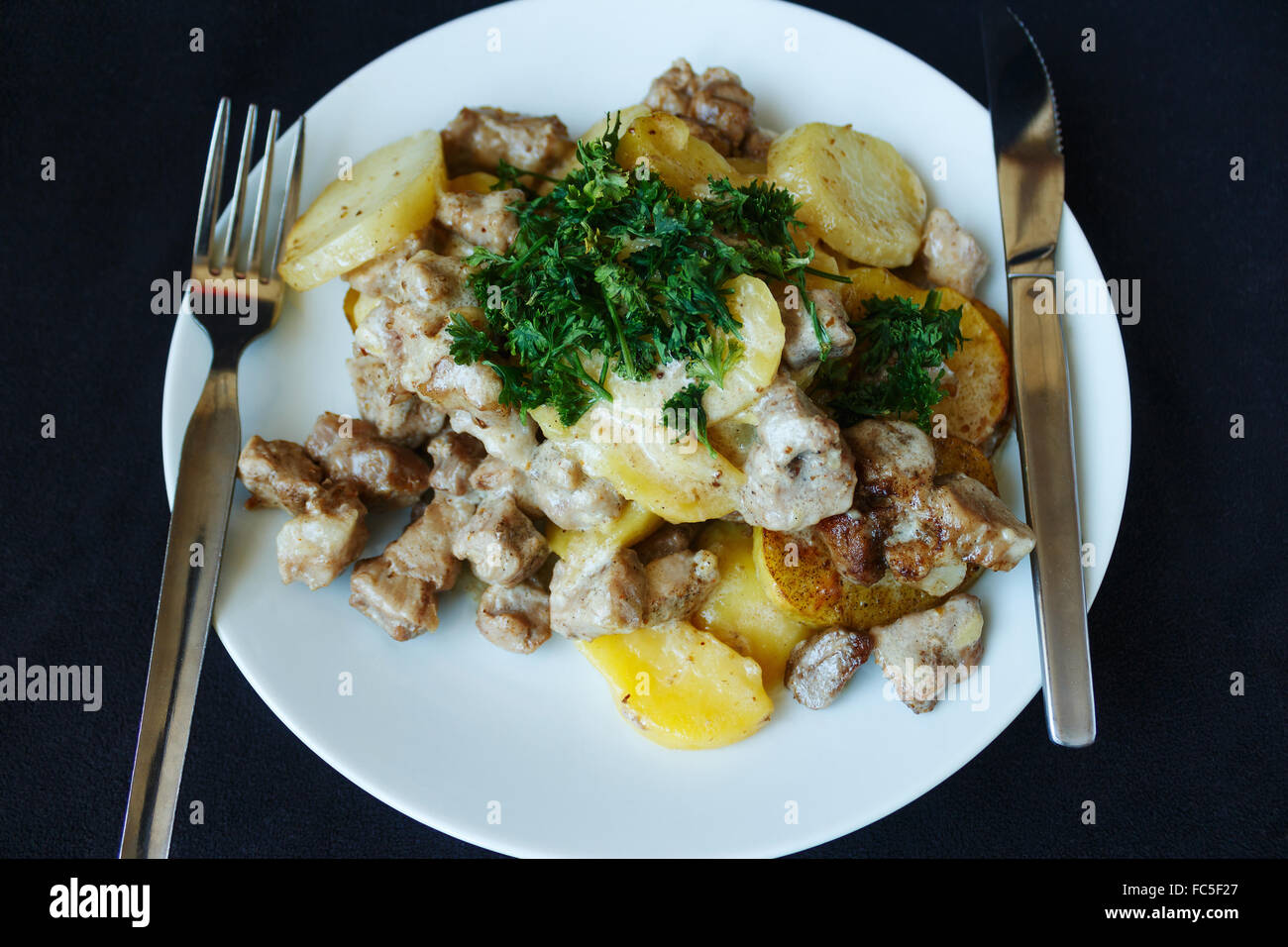 Fotos: 29.  Dezember 2015 Jablonec nad Nisou, Tschechien überbackene Kartoffeln mit Schweinefleisch sauce auf einem weißen Teller Stockfoto