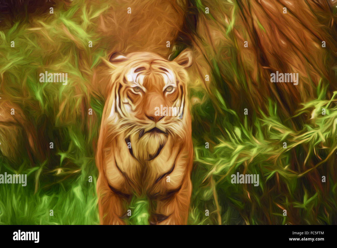 Tiger im Dschungel digitale Illustration, manuell mit verschiedenen digitalen Techniken erstellt. Stockfoto