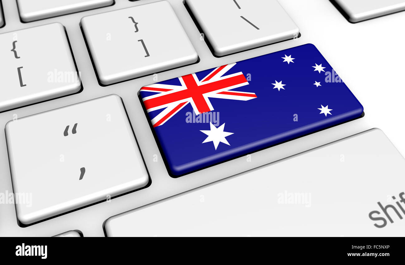 Australien-Digitalisierung und Nutzung digitaler Technologien mit der australischen Flagge auf einem Computer-Schlüssel. Stockfoto