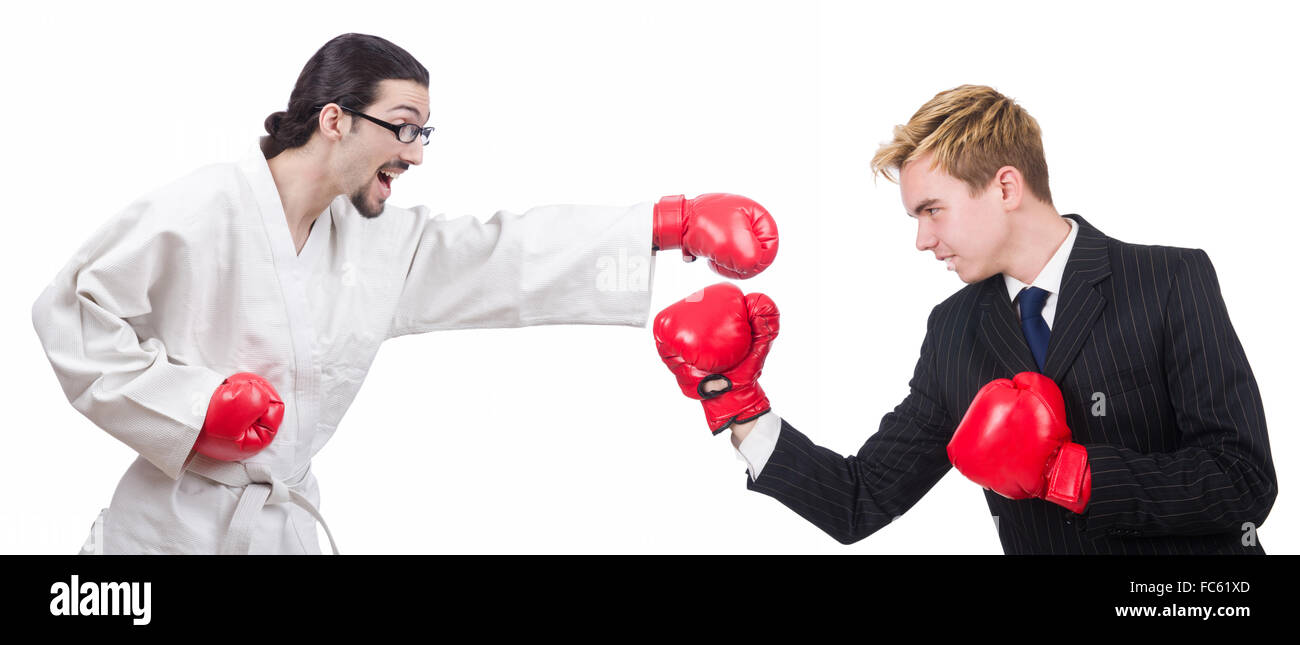 Boxer und Geschäftsmann Boxen isoliert auf weiss Stockfoto