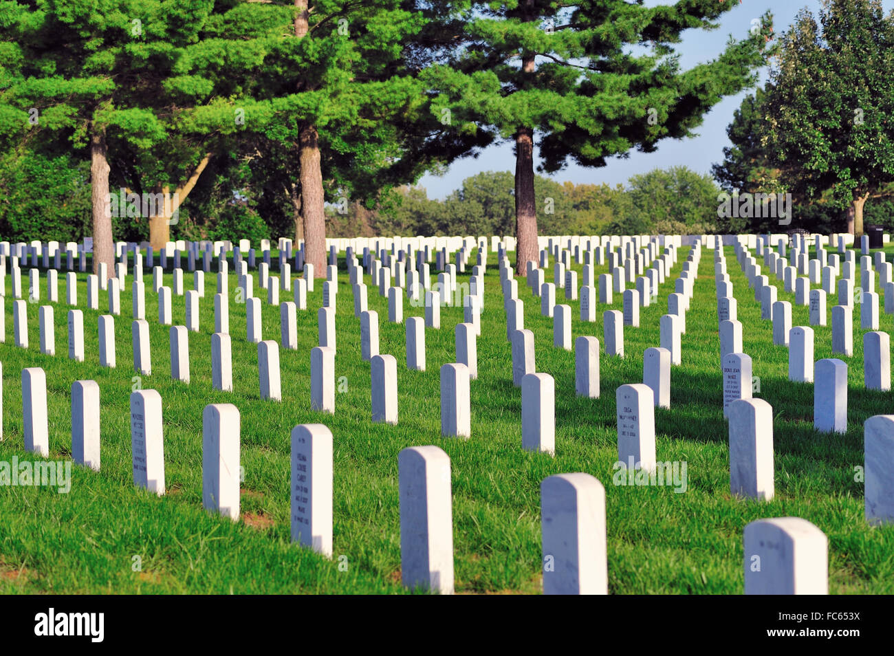 Zeilen von Markierungen, die letzte Ruhestätte für Soldaten im Camp Butler National Cemetery in Springfield, Illinois, USA definieren. Stockfoto