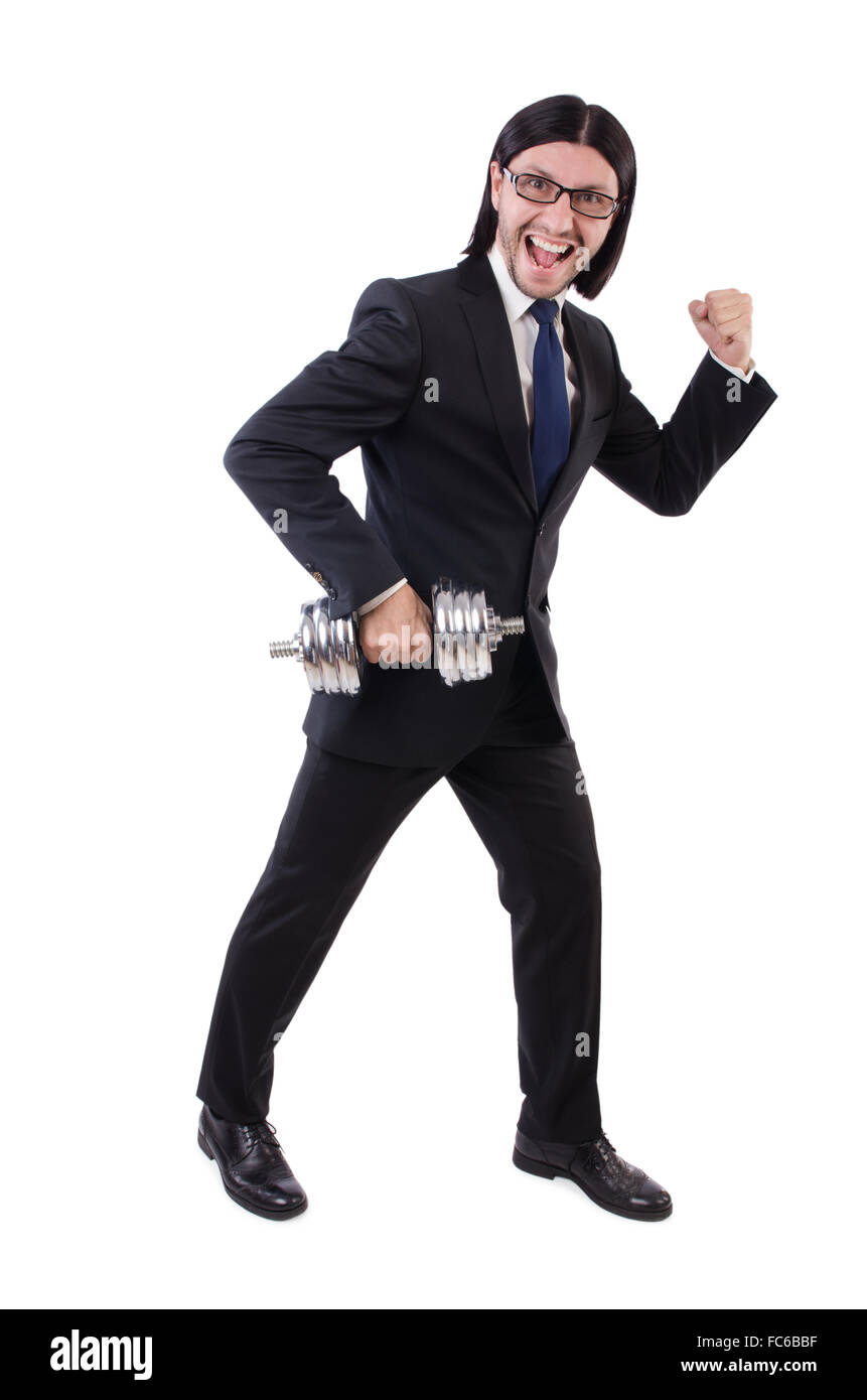 Junger Geschäftsmann mit Langhantel isoliert auf weiss Stockfoto