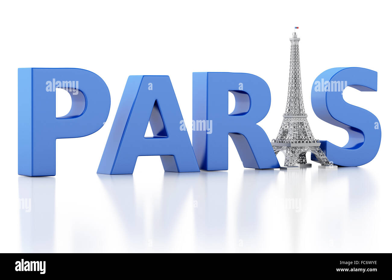 3D Paris Wort mit Eiffel Turm. Stockfoto
