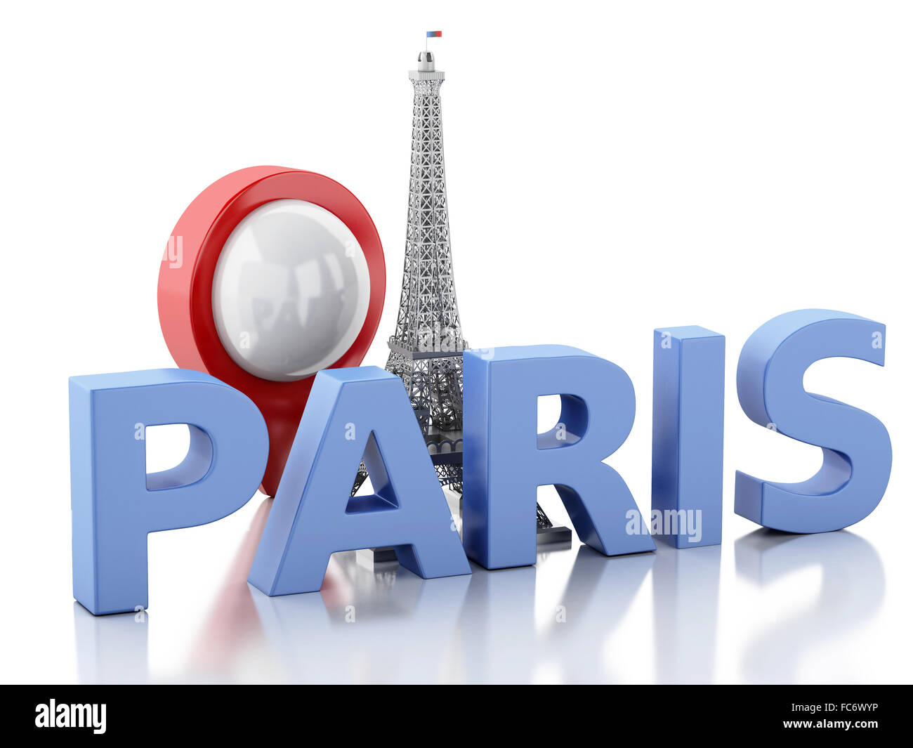 3D Paris Wort mit Eiffel Turm. Stockfoto