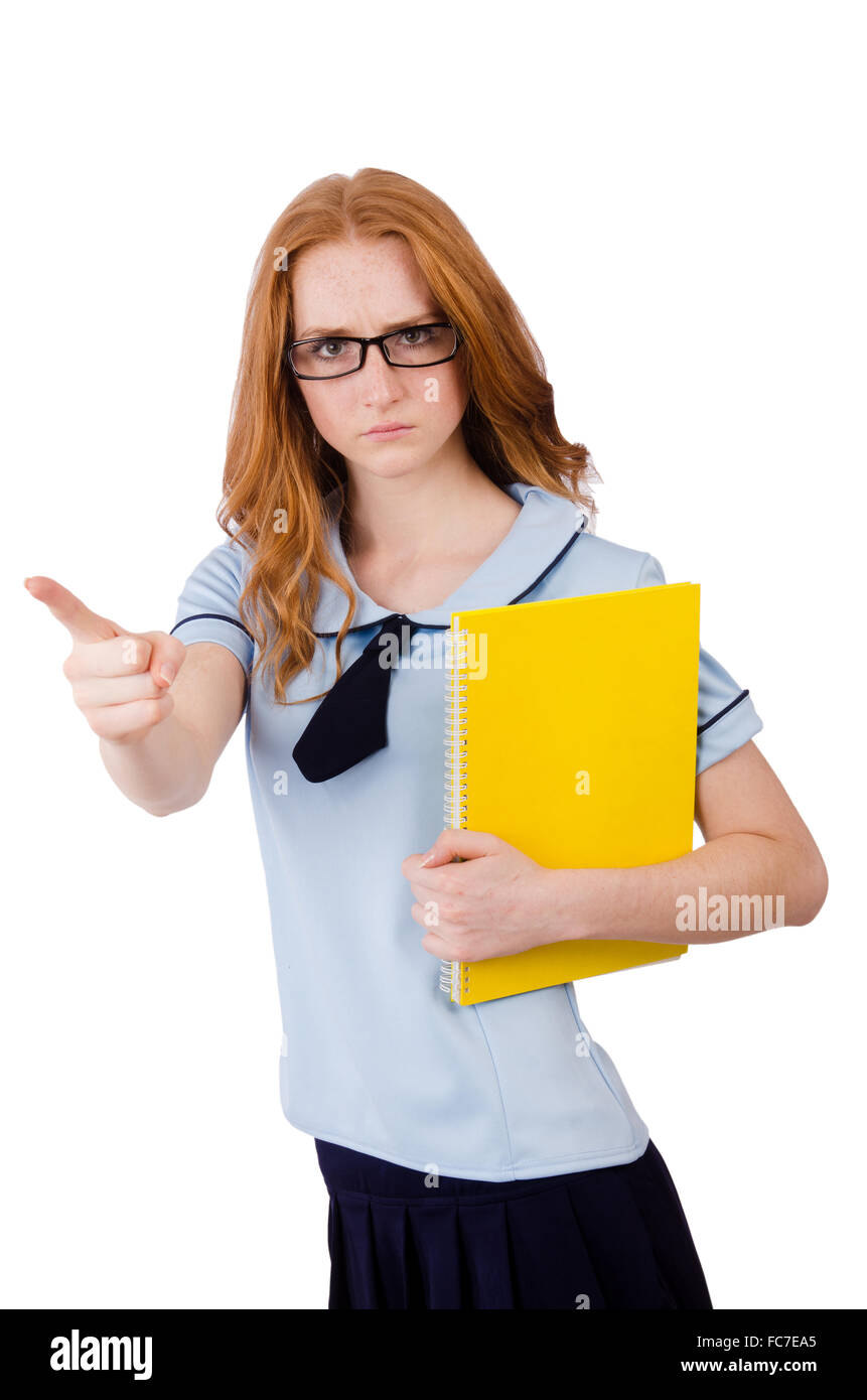 Junge Studentin mit Notebooks isoliert auf weiss Stockfoto