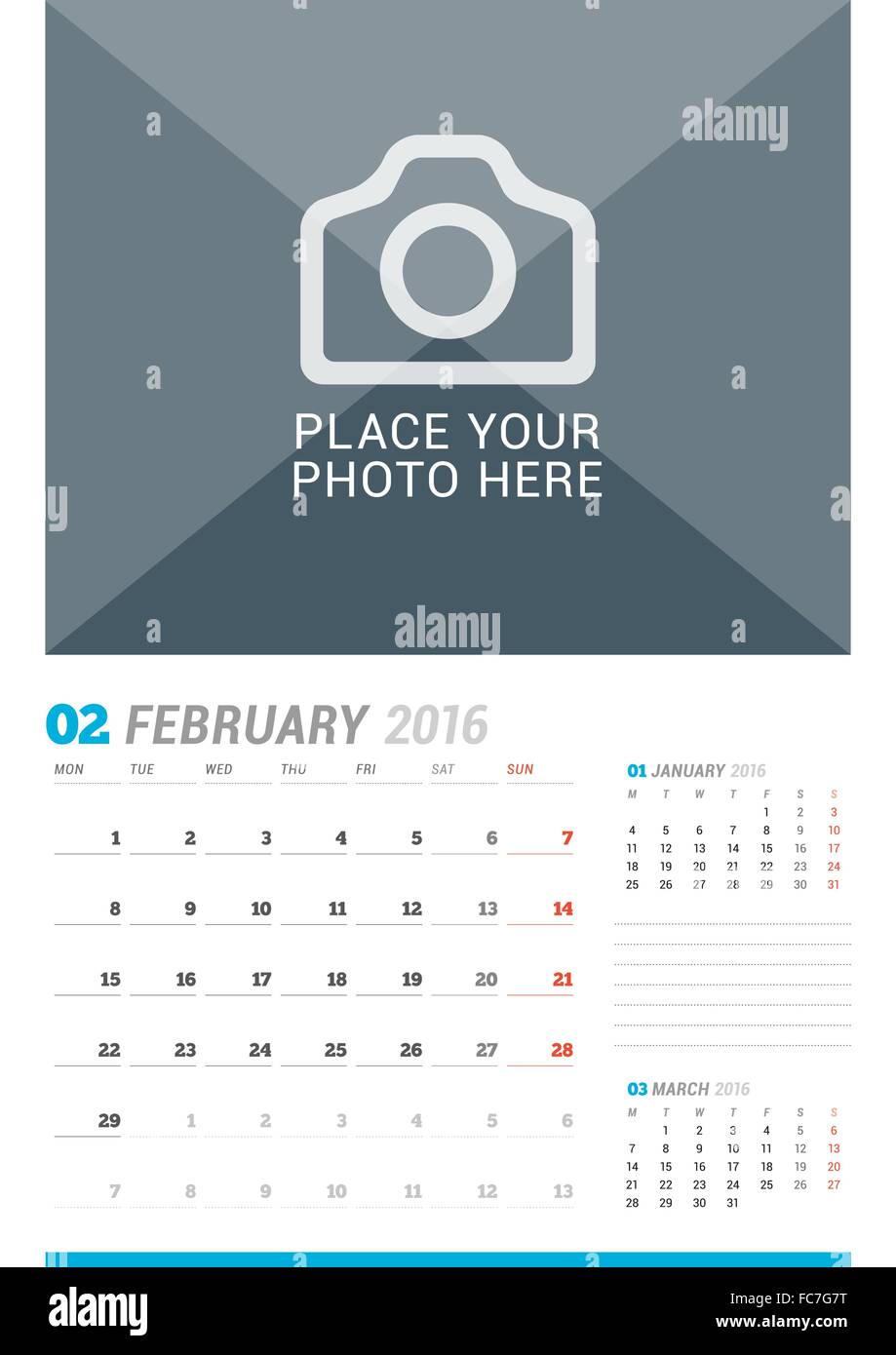 Februar 2016. Wand-Monatskalender für das Jahr 2016. Vector Design drucken Vorlage mit Platz für Foto und Platz für Notizen. 3 Mo Stock Vektor