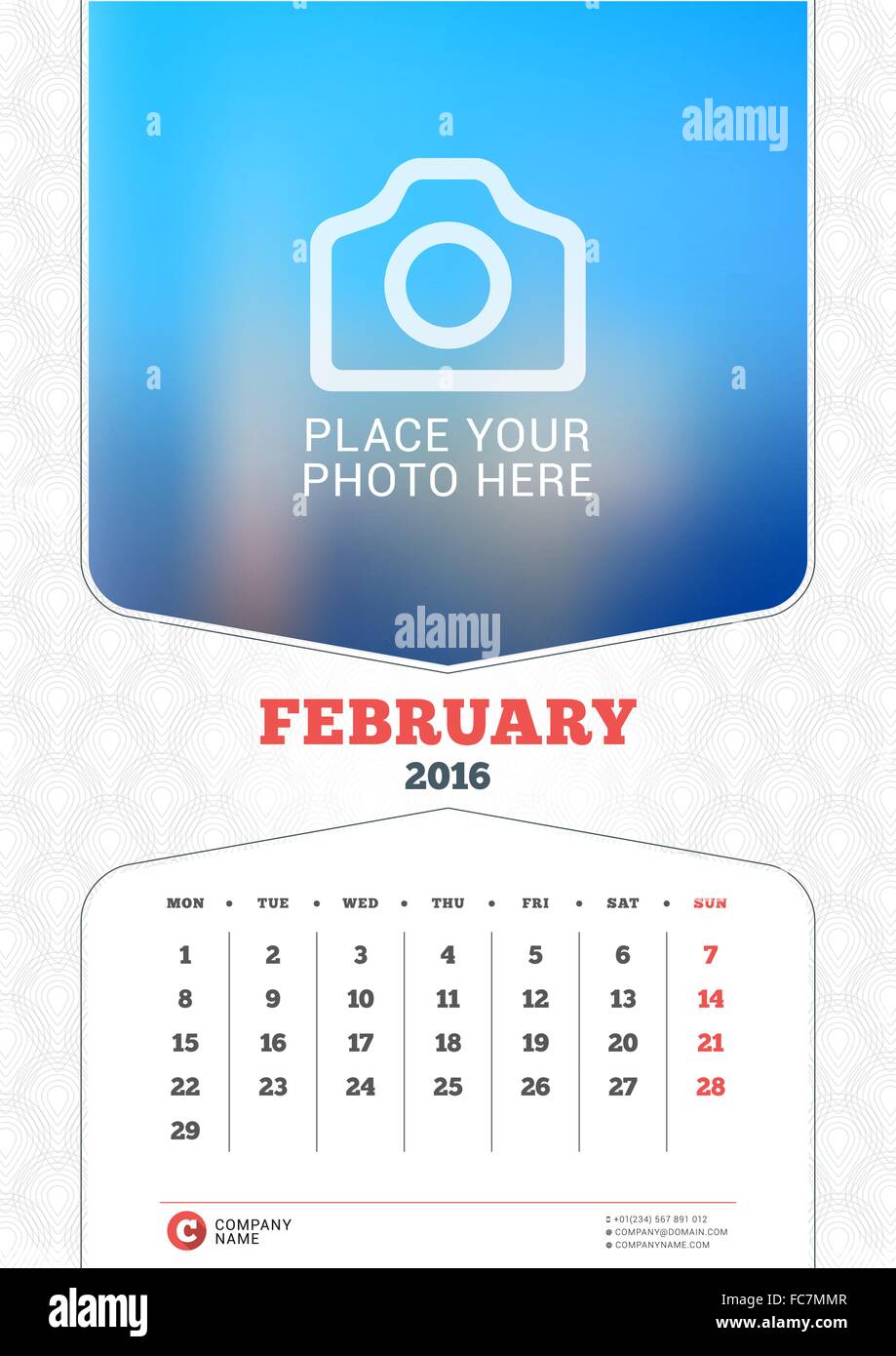 Februar 2016. Wand-Monatskalender für das Jahr 2016. Vector Design drucken Vorlage mit Platz für Fotos und Muster Hintergrund. Wir Stock Vektor