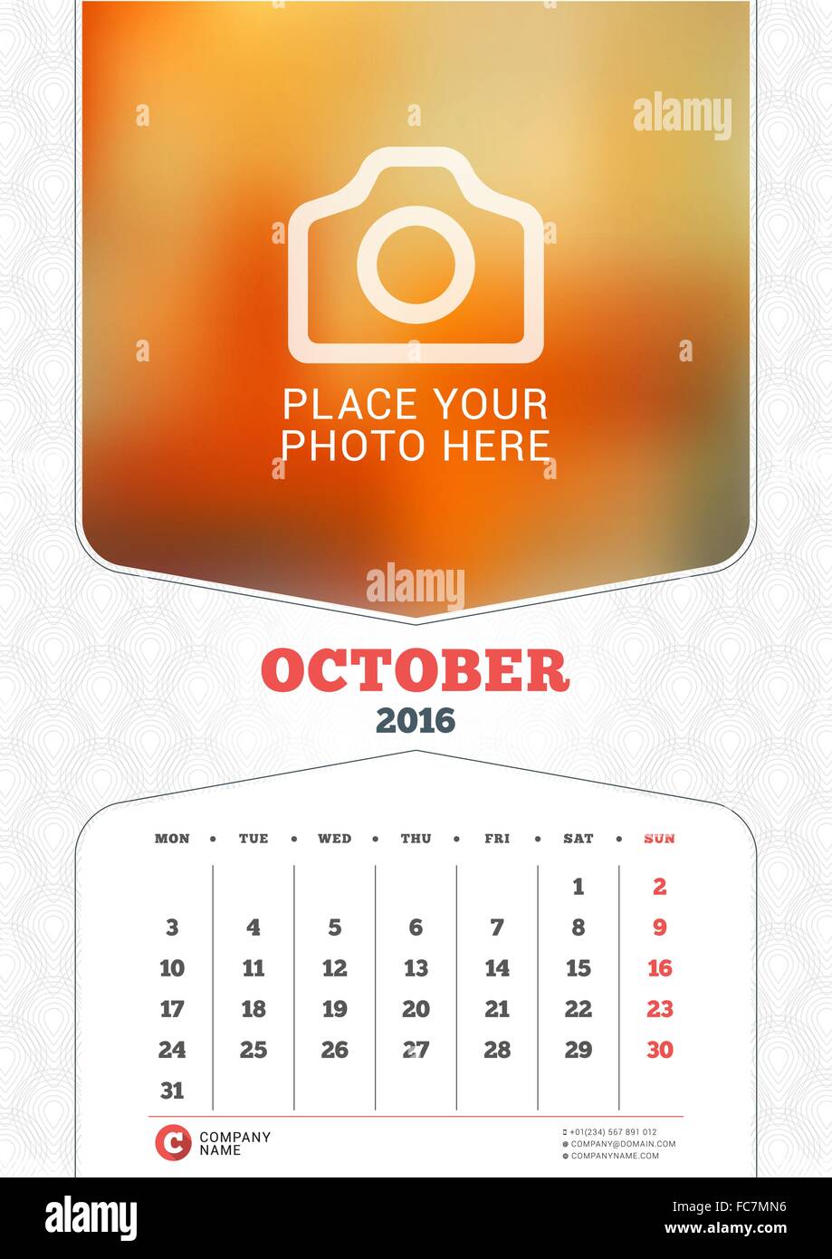 Oktober 2016. Wand-Monatskalender für das Jahr 2016. Vector Design drucken Vorlage mit Platz für Fotos und Muster Hintergrund. Wee Stock Vektor