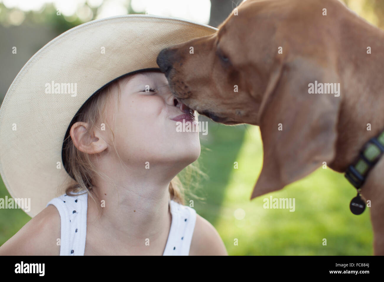 Kaukasische Mädchen küssen Hund im freien Stockfoto