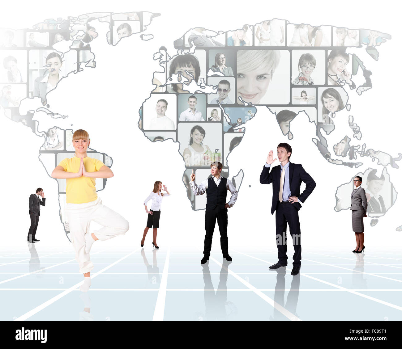 Weltkarte und Menschen als Symbol des sozialen Netzwerks Stockfoto