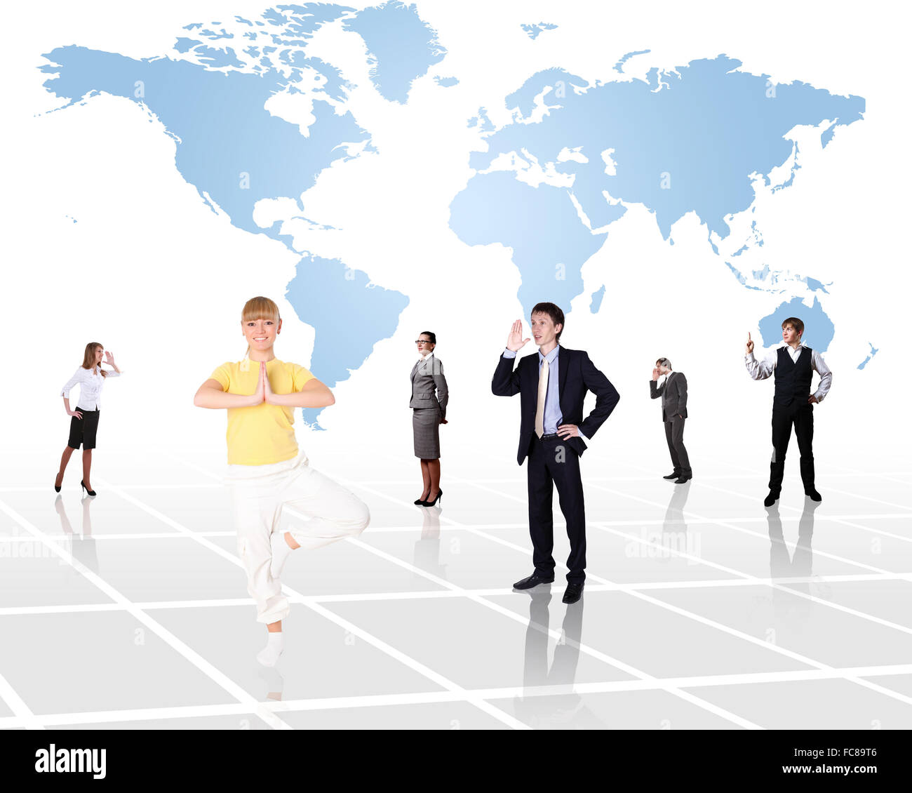 Weltkarte und Menschen als Symbol des sozialen Netzwerks Stockfoto