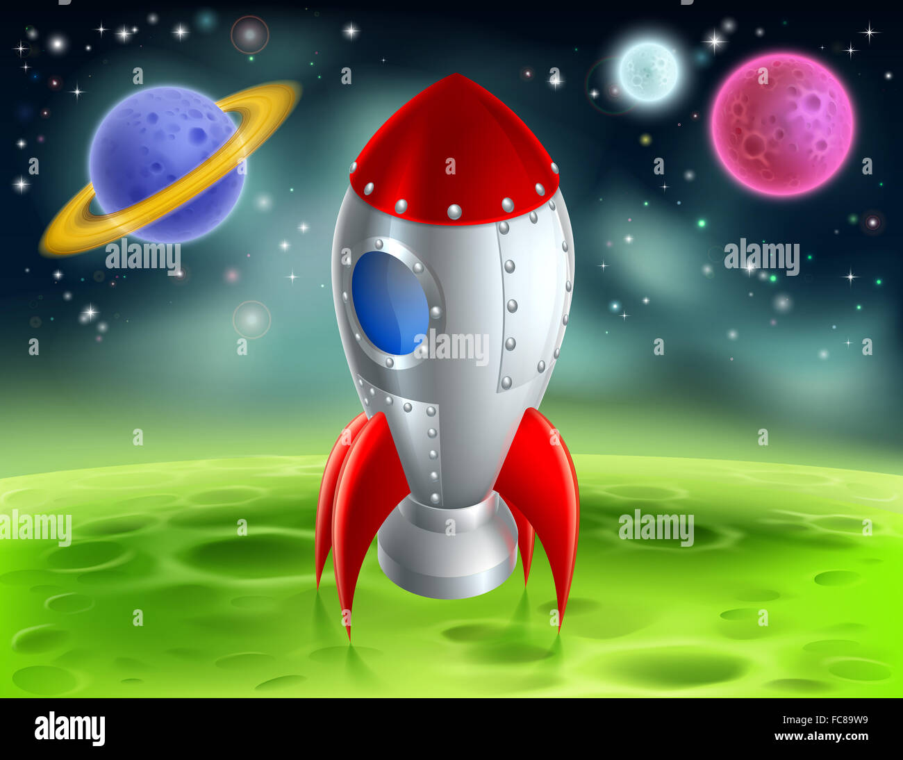 Eine Abbildung eines Cartoon retro Rocket Raumschiff oder Raumschiff landete auf einem Mond oder Planeten mit fremden Planeten und Sternen in th Stockfoto