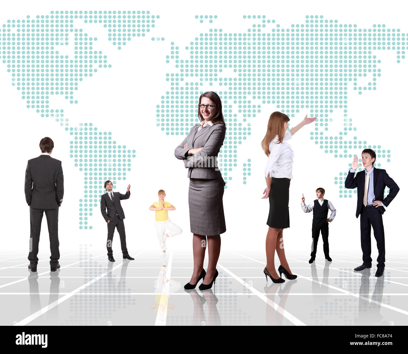 Weltkarte und Menschen als Symbol des sozialen Netzwerks Stockfoto