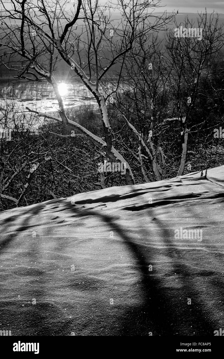 Das Sonnenlicht reflektiert Weg von der White River in Ufa-Russland beleuchten die Schnee bedeckten Bäume und Wälder von diesem Winter-Zeit-natur Stockfoto