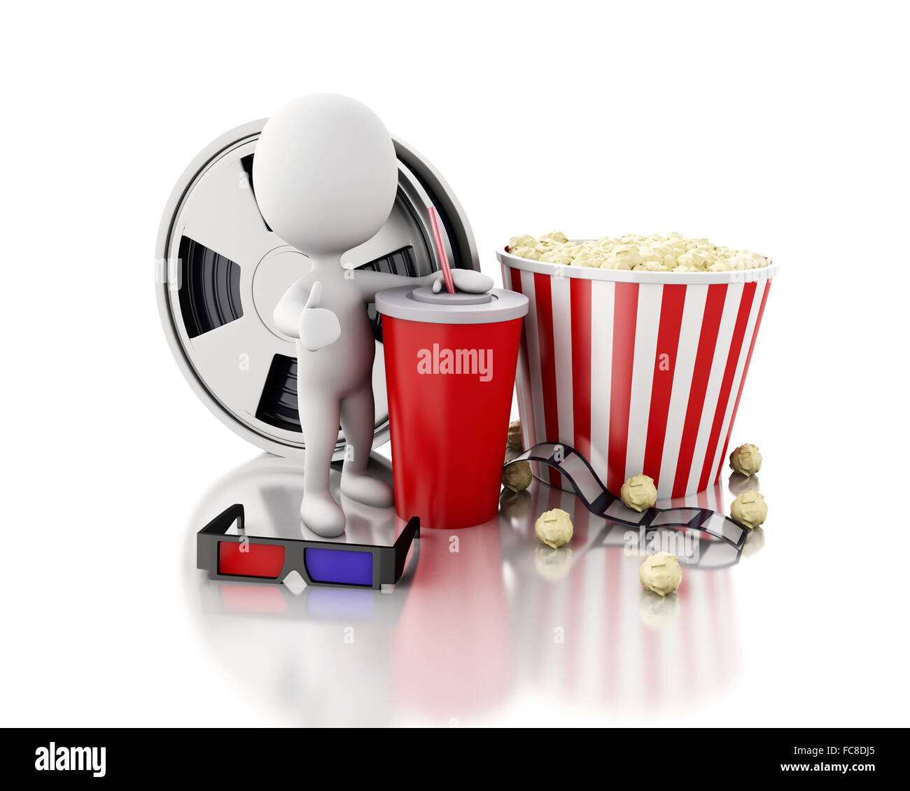 3D weiße Menschen mit Film Reel, Getränk und Popcorn. Stockfoto