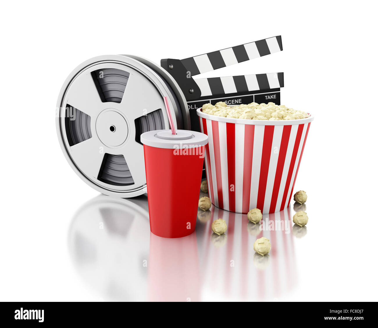 3D Kino Klöppel, Filmrolle, Popcorn und Getränke Stockfotografie Alamy
