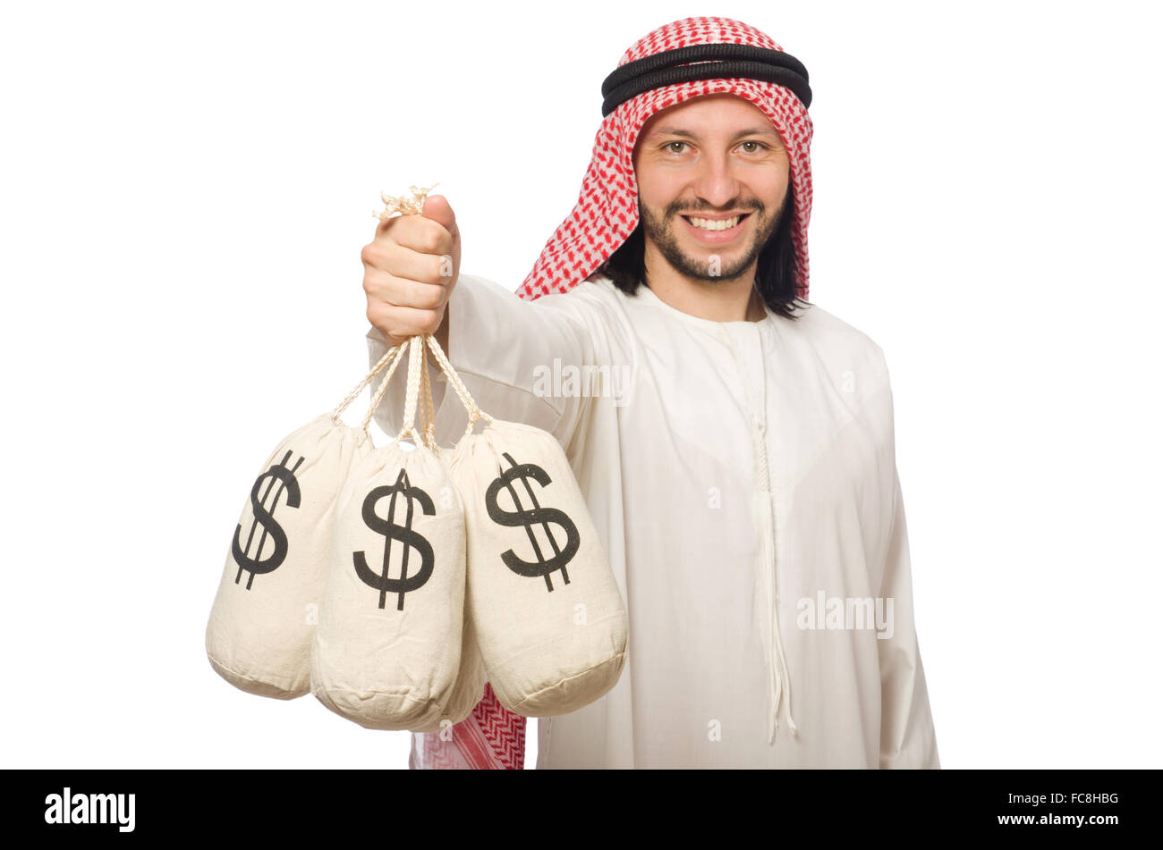 Arabische Geschäftsmann mit Säcken Geld Stockfoto