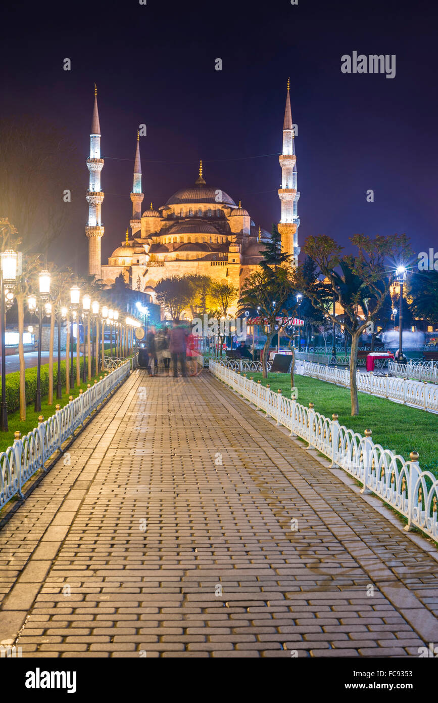 Blaue Moschee (Sultan Ahmed Mosque), UNESCO-Weltkulturerbe in Sultanahmet Square Park und Gärten in der Nacht, Istanbul, Türkei Stockfoto