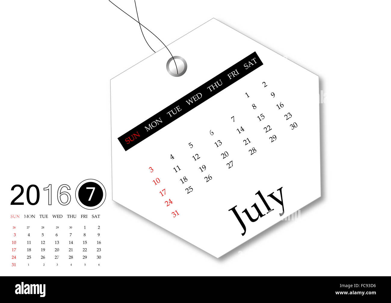 Juli 2016 - Kalender-Serie für Tag design Stockfoto