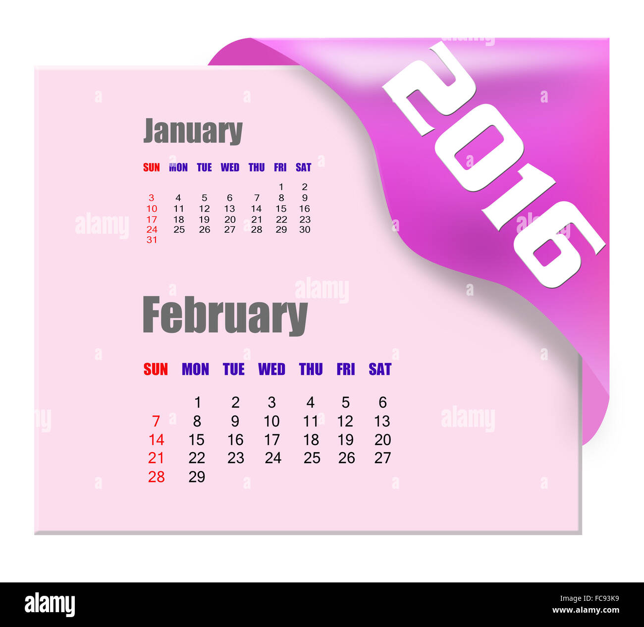 Februar 2016 Kalender mit vergangenen Monat-Serie Stockfoto