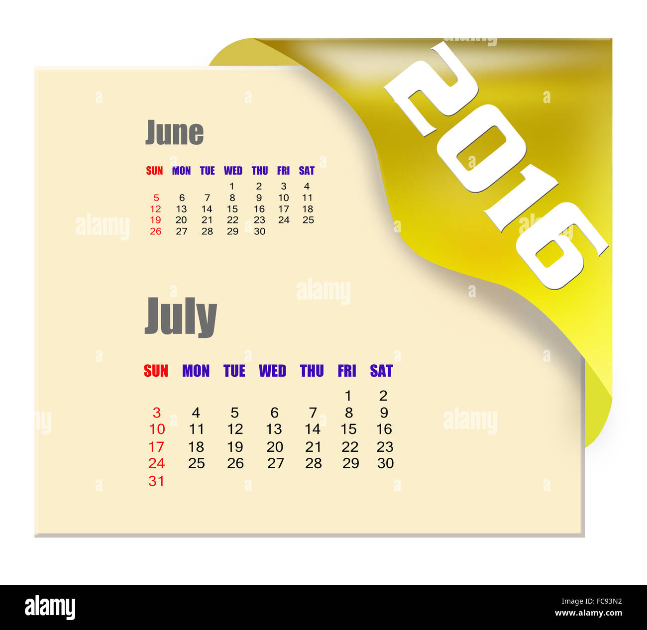 Juli 2016 Kalender mit vergangenen Monat-Serie Stockfoto