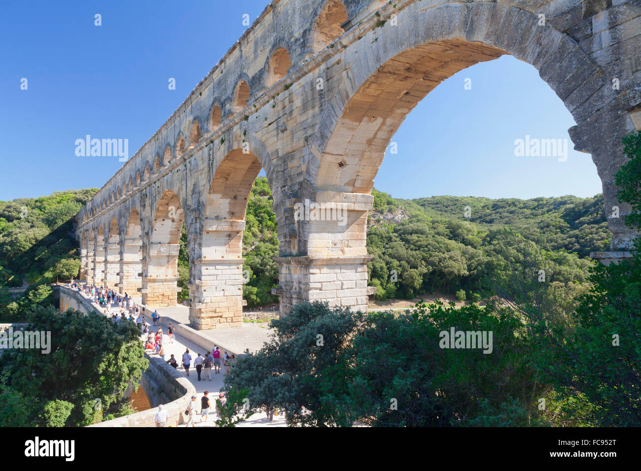 Pont du Gard, römische Aquädukt, UNESCO-Weltkulturerbe, Languedoc-Roussillon, Südfrankreich, Frankreich, Europa Stockfoto
