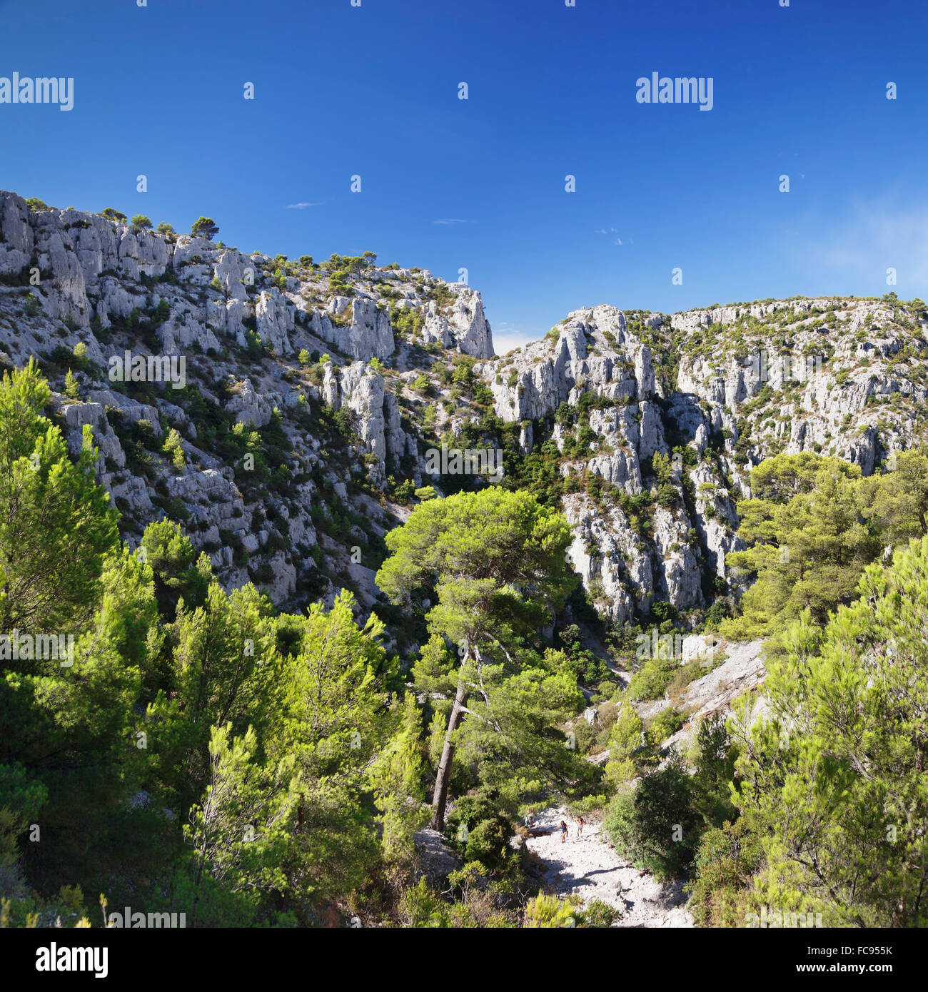 Menschen wandern durch felsige Landschaft von Les Calanques, Nationalpark, Cassis, Provence, Provence-Alpes-Cote d ' Azur, Frankreich Stockfoto