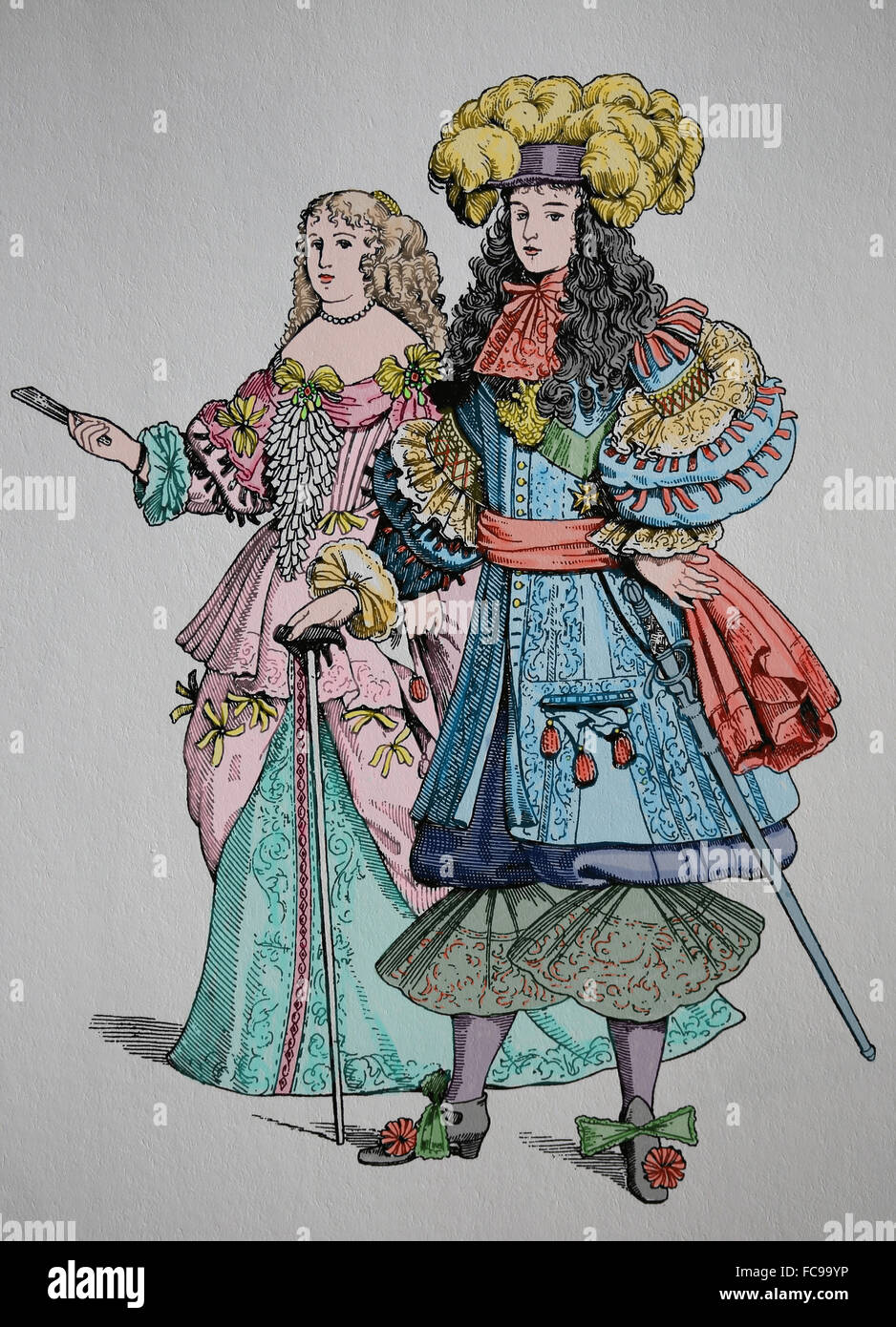 König Louis XIV von Frankreich (1638-1715), weiß der Sonnenkönig. Haus von Bourbon. Absoluten monarchischen. Gravur. Farbe. Stockfoto