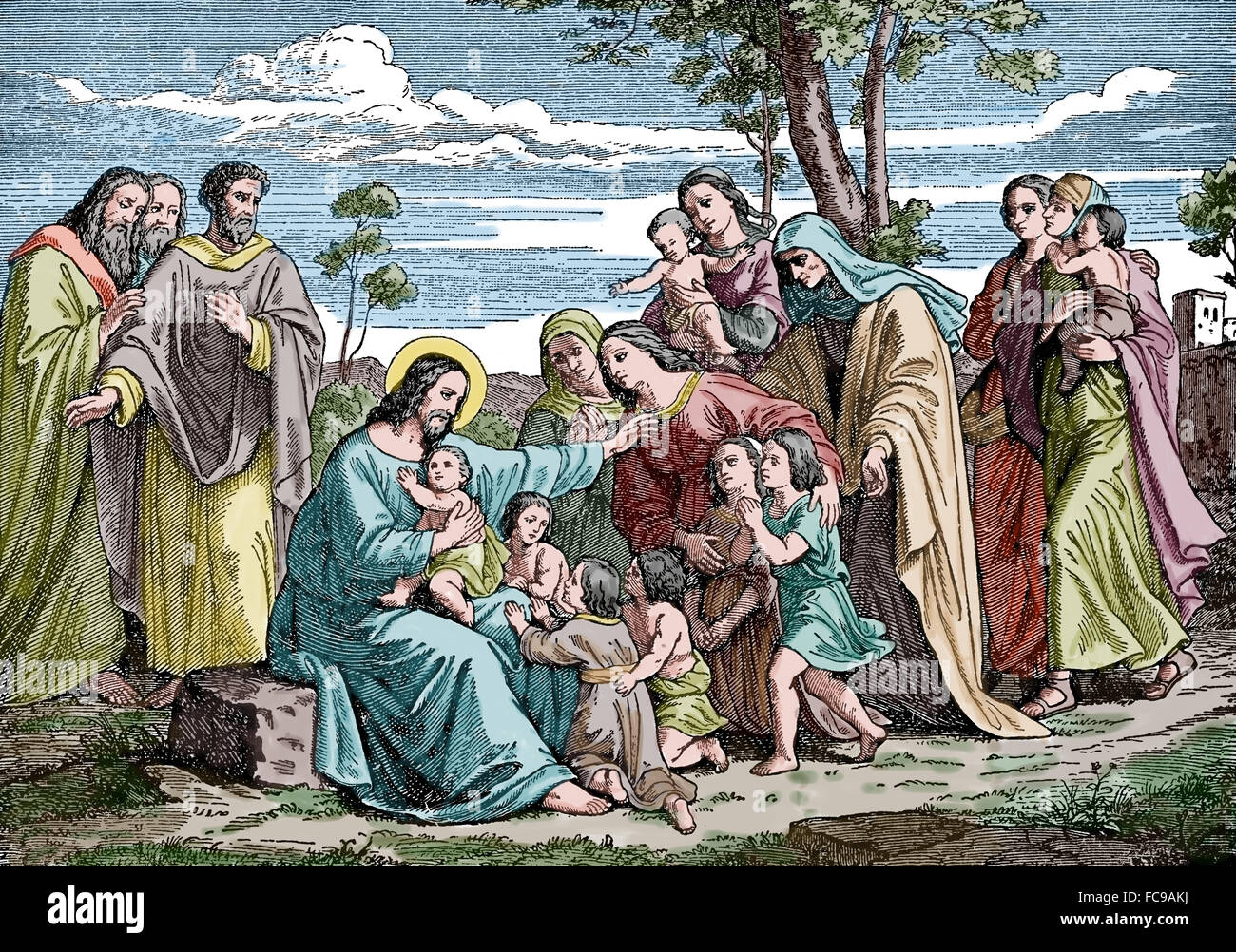 Neuen Testaments. Jesus mit Kindern. Farbe. Gravur. Stockfoto