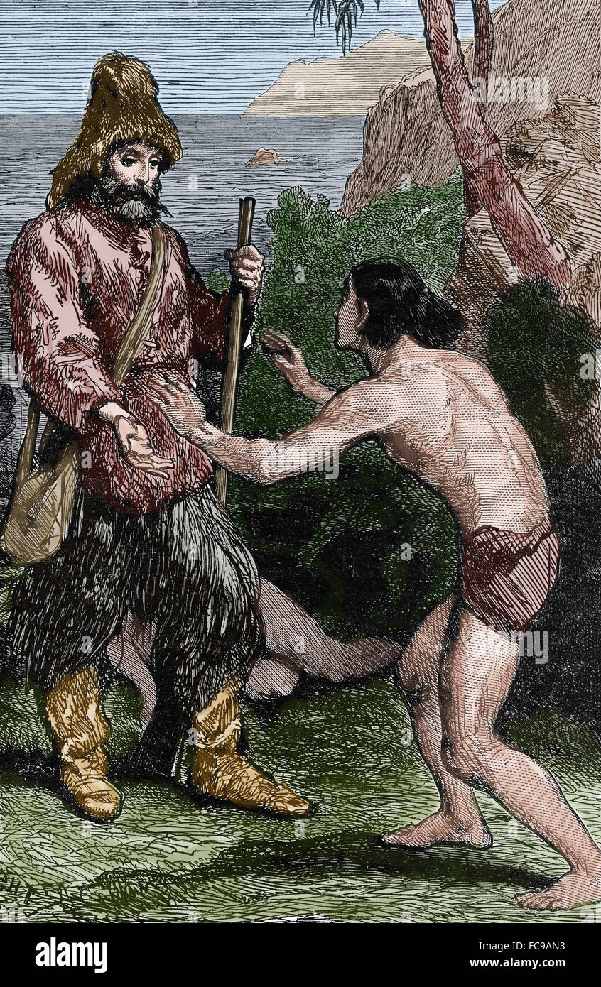 Robinson Crusoe. Roman von Daniel Defoe, veröffentlicht 1719. Gravur. Farbe. Crusoe und Freitag. Stockfoto