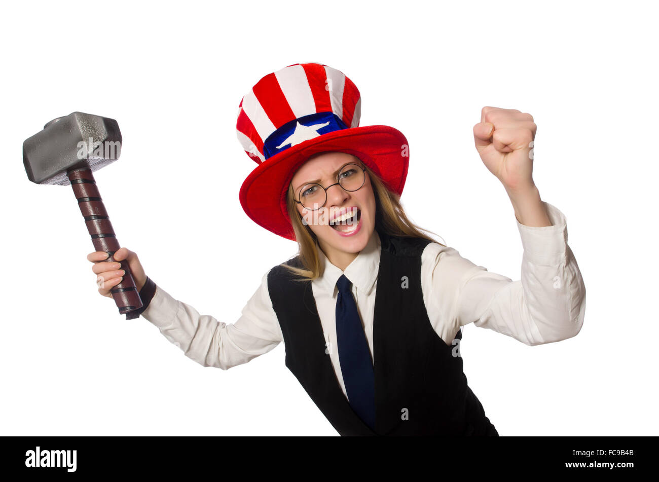 Frau mit Hut mit amerikanischen Symbole Stockfoto