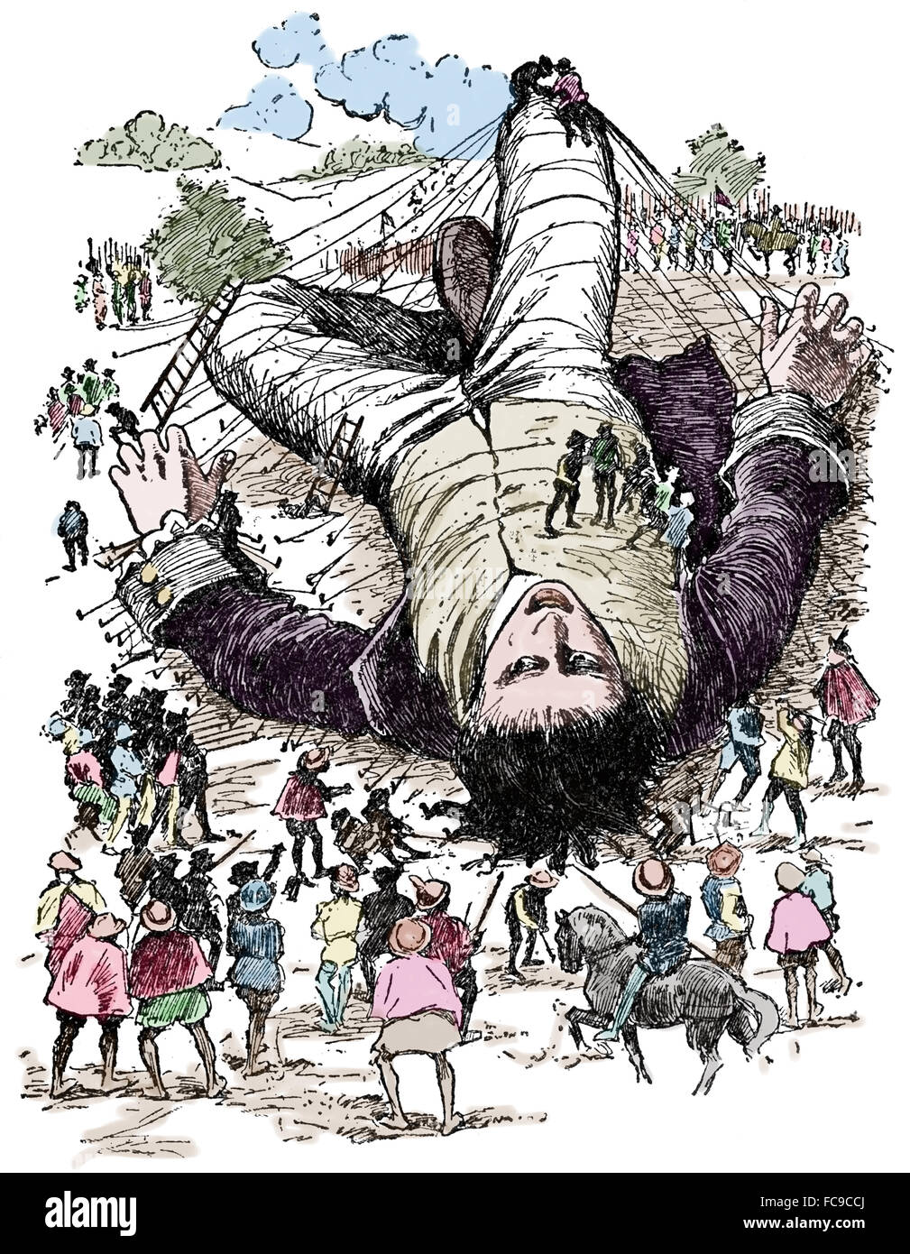 Gullivers Reisen von Jonathan Swift, 1726. Gulliver auf den Boden mit Ligaturen über seinen Körper geschnallt. Gravur, 1909, USA Stockfoto