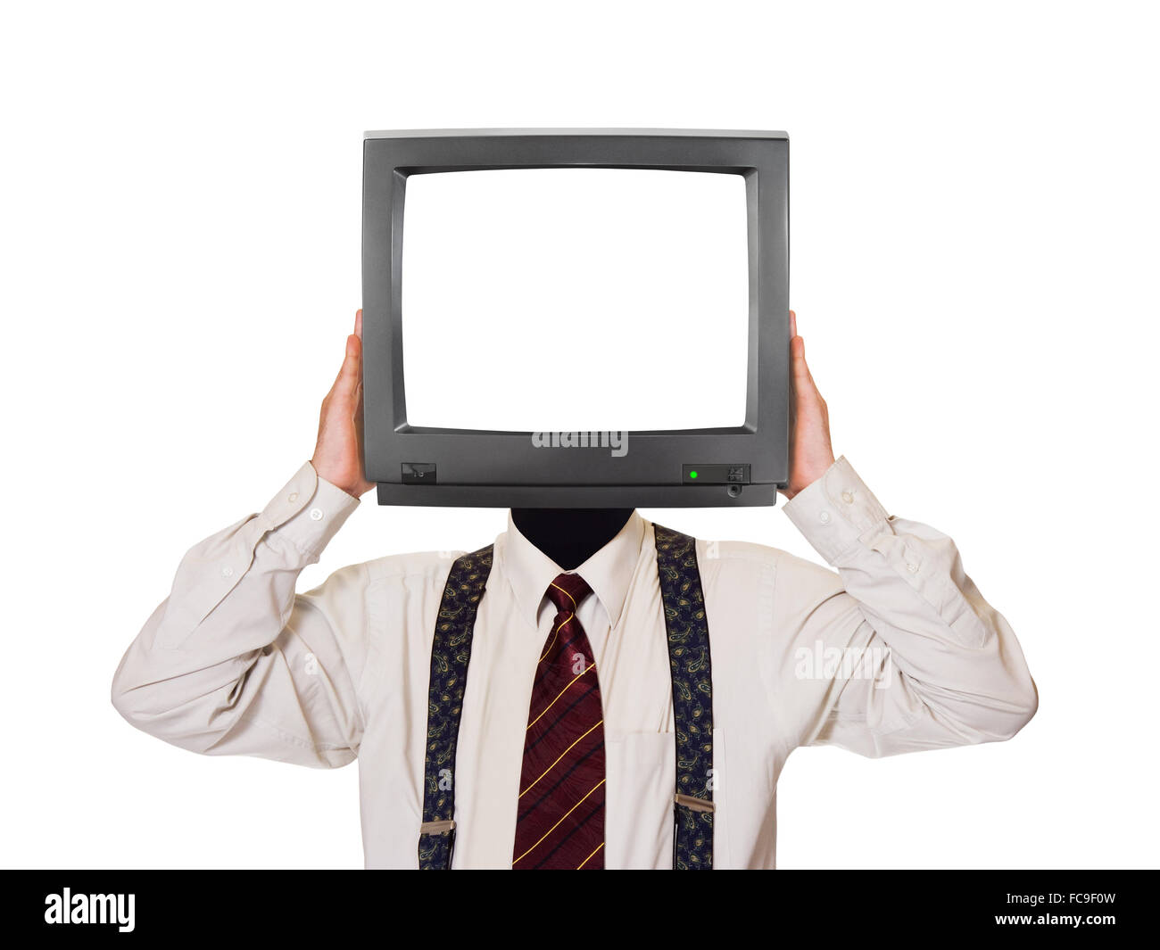 Mann mit TV-Bildschirm für Kopf Stockfoto