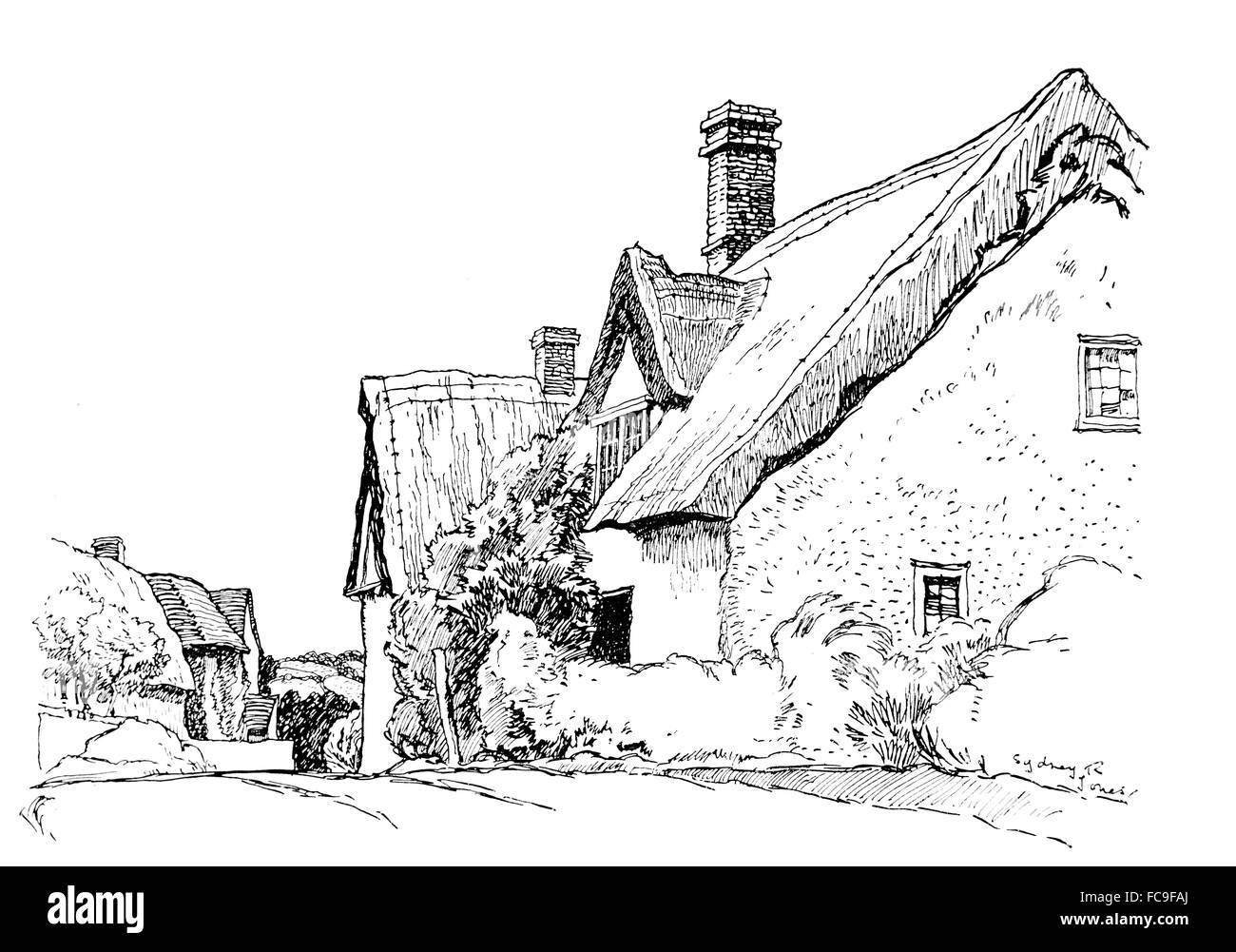Großbritannien, England, Essex, Aschen, alte Reetdachhaus neben Straße durch Dorf, 1911, Linie Illustration von Sydney R Jones Stockfoto
