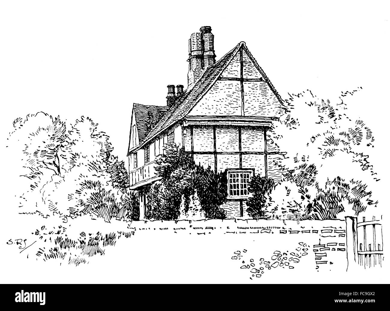 Großbritannien, England, Suffolk, Newton grün, gerahmte Holzhauses mit achteckigen gemauerten Schornsteinen, Linie 1911 Abbildung Stockfoto