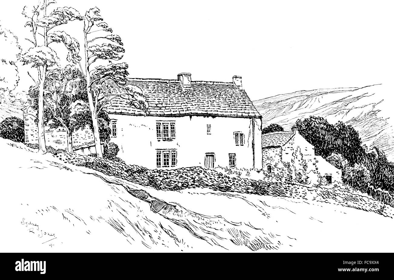 Großbritannien, England, Yorkshire, Clapdale, aus Stein gebaut, Bauernhaus, 1911, Linie Illustration von Sydney R Jones, aus dem Studio Magazin Stockfoto