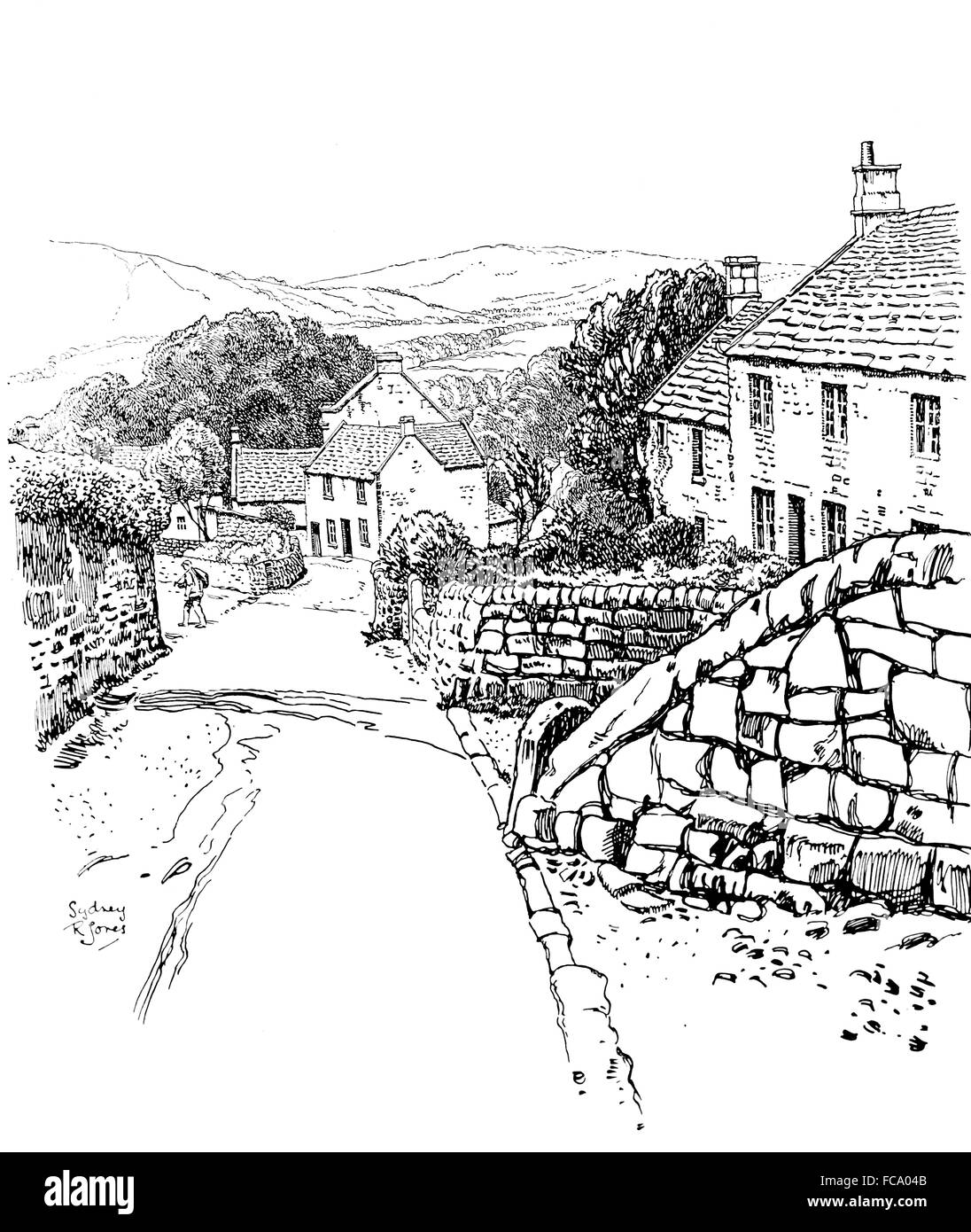 Großbritannien, England, Derbyshire, Stanton in Peak Stein gebaute Häuser, Hauptstraße in1911 Linie Illustration von Sydney R Jones Stockfoto