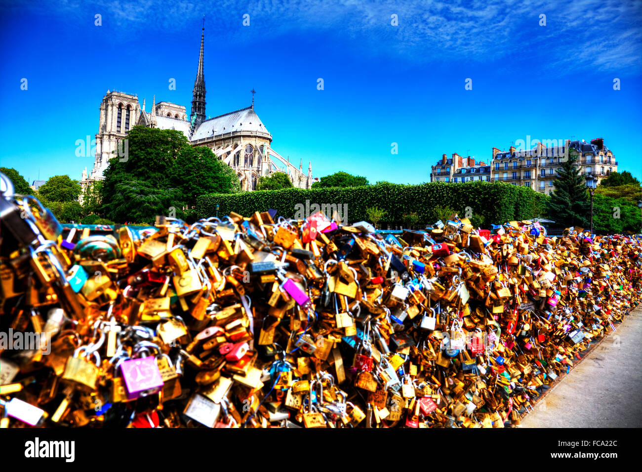 Kathedrale Notre Dame de Paris Pont de l'Archevêché L'Archeveche Liebe sperrt Vorhängeschlösser Brücke Paris Frankreich Europa Stockfoto