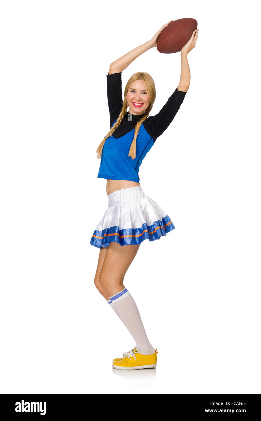 Frau Cheerleader isoliert auf dem weißen Stockfoto