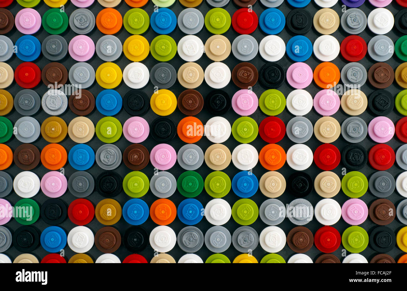 Tambow, Russische Föderation - 21. Januar 2016 Hintergrund Lego Runde Steine 1 x 1. Studio gedreht. Stockfoto