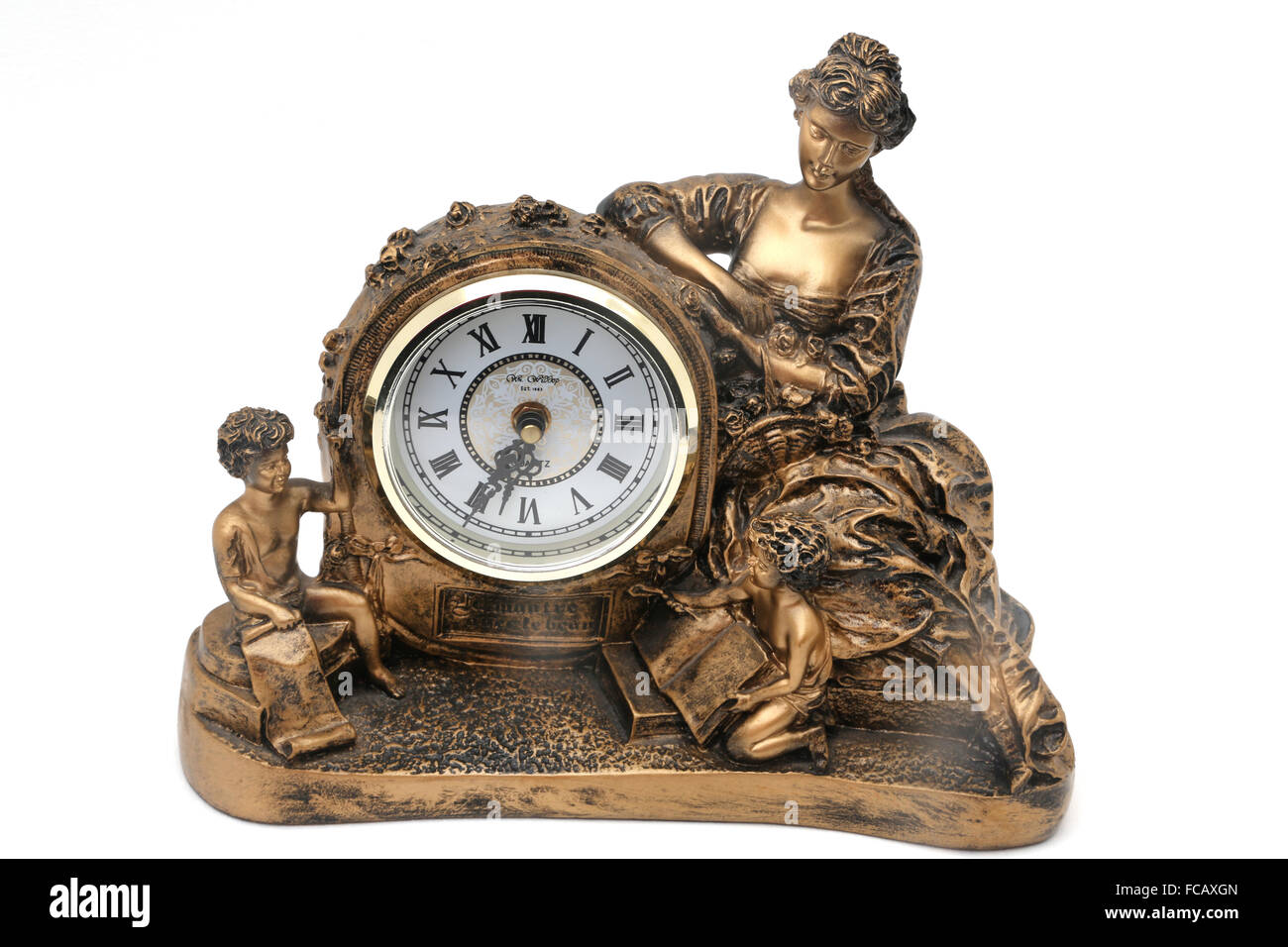 Traditionellen Gold fertig Figur Quarz Mantel Clock Dame mit Kindern zahlen pro Wm Widdup Stockfoto