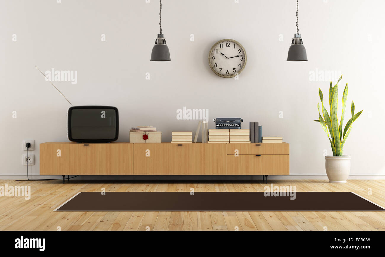 Vintage Wohnzimmer mit Retro-tv und Anrichte aus Holz - Rendering Stockfoto